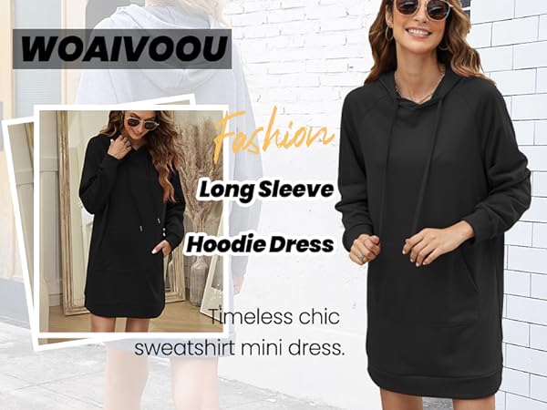 Hoodie dress hooded sweatshirt dress black long tunic dress