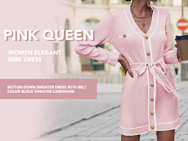 pink queen chunky warm long sleeve sweater tunic dress fashion button up color contrast mini dresses