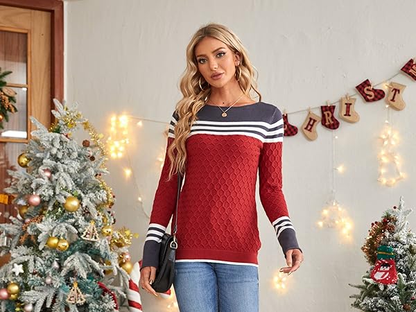 Women Autumn Winter Colorblock Pullover Sweaters