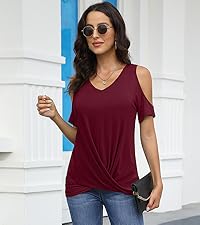 YSYOKOW Womens Summer V Neck T Shirts Cold Shoulder Casual Tops Loose Front Twist Knot Tunic