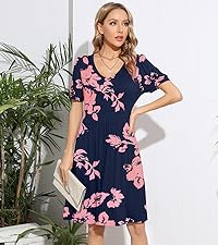 Women''s Summer Puff Short Sleeve Dress V Neck Casual A-Line Swing Midi Dresses