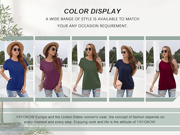 Womens Casual Summer T Shirts Crew Neck Short Sleeve Tunic Tops Loose Fit Blouses with Pockets