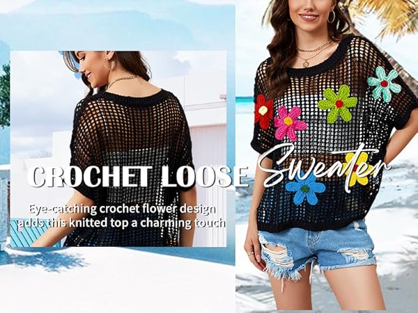 Womens Crochet Tops Flower Hollow Out Cover Up