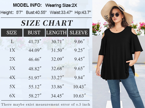 size chart of plus size tunics for women