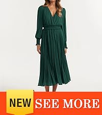 Womens V Neck Dresses for Wedding Guest Casual Pleated Long Sleeve Midi Ruffle Smocked Long Dress