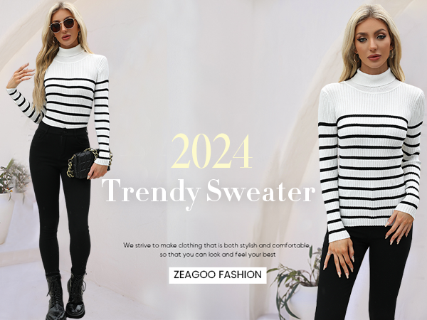 Zeagoo Women''s 2024 Fall Sweater Ribbed Knit Sweater Slim Fit Basic Tee Tops