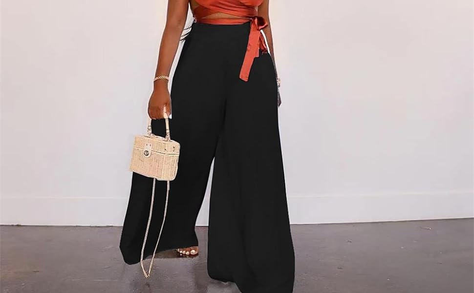 Casual Wide Leg Palazzo Pants High Waisted Lounge Pants Trousers with Pockets