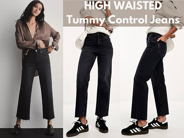 APP_3_ Black wide leg cropped jeans for women Stretchy high waisted raw hem pants