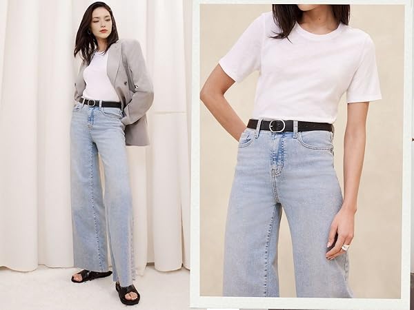 APP_8_ blue wide leg cropped jeans for women Stretchy raw hem pants light blue