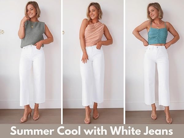 APP_5_1_ white wide leg cropped jeans for women Stretchy high waisted raw hem pants details