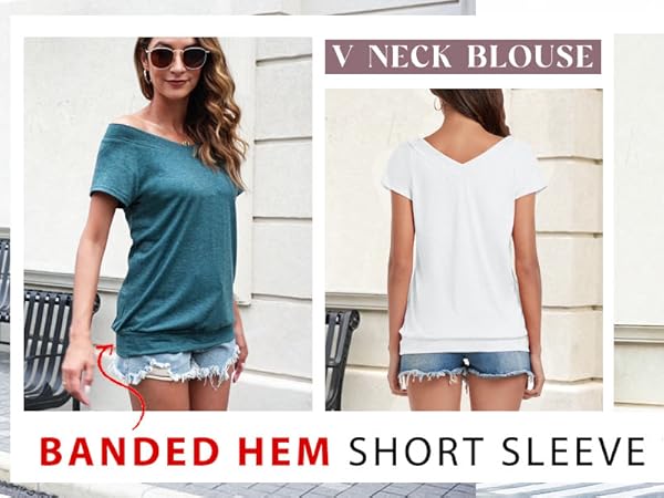 banded hem short sleeve v neck tops