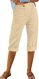 Capri Pants for Women Casual Elastic High Waist Button Cotton Linen Cropped Pants