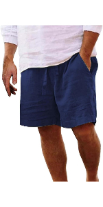 Men''S Shorts Summer Casual Solid Color Cotton Linen Elastic Waist Drawstring Loose Fit Beach Shorts