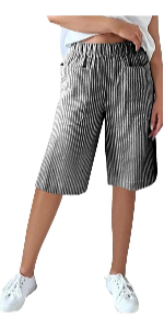 Linen Striped Shorts for Women Elastic High Waist Wide Leg Casual Knee Length Shorts