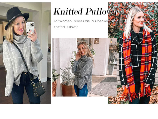 fall sweaters turtleneck sweater women cowl neck sweater checkered sweater plaid winter sweaters