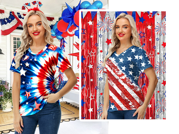 American Flag Shirts fou Women Tie Dye Print T Shirt