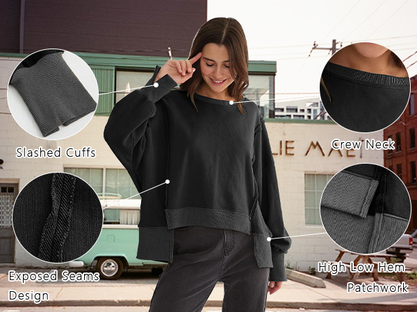 oversized sweatshirt for women pullover hoodie crewneck slit sloucthy plain casual hoodie