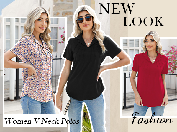 Women''s Polo Shirts Short Sleeve Casual Pleated Blouses Collared Work Tops