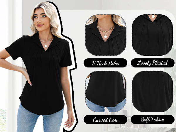 Women''s Polo Shirts Short Sleeve V Neck Pleated Tops