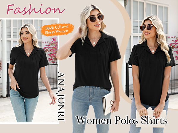 Womens tops dressy casual polo v neck pleated short sleeve plain polo tee