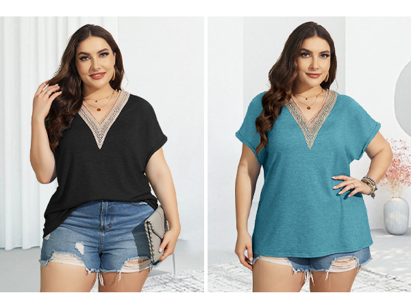 plus size trendy lace v neck shirt