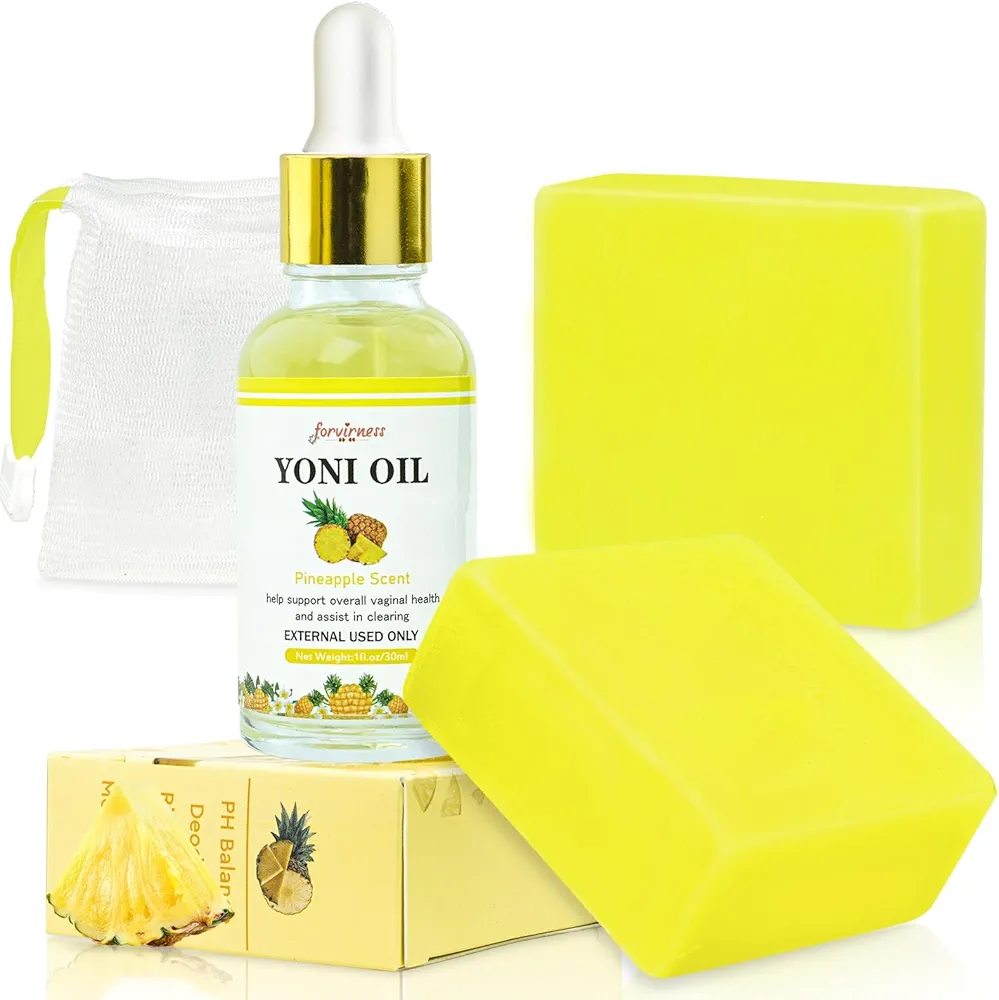 Yoni Oil Yoni Soap Bar Feminine Wash Set, Organic Pineapple Juicy Body Oil Handmade Yoni Bar Soaps for Women Ph Balance, Vagina Oil for Eliminates Odor, Yoni Care Soaps for Intimate Moisturizing