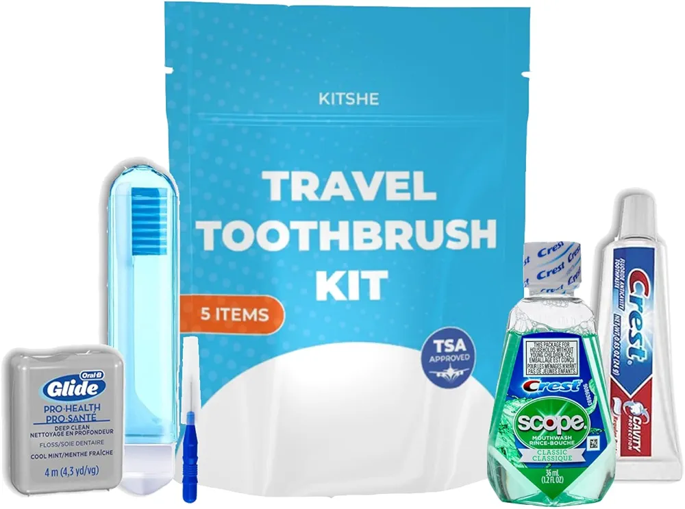 Travel Toothbrush Set | TSA-Approved Travel Size Toothbrush, Floss, Toothpaste, Mouthwash, Teeth Cleaner Pick & Resealable Waterproof Bag (1 Kit)