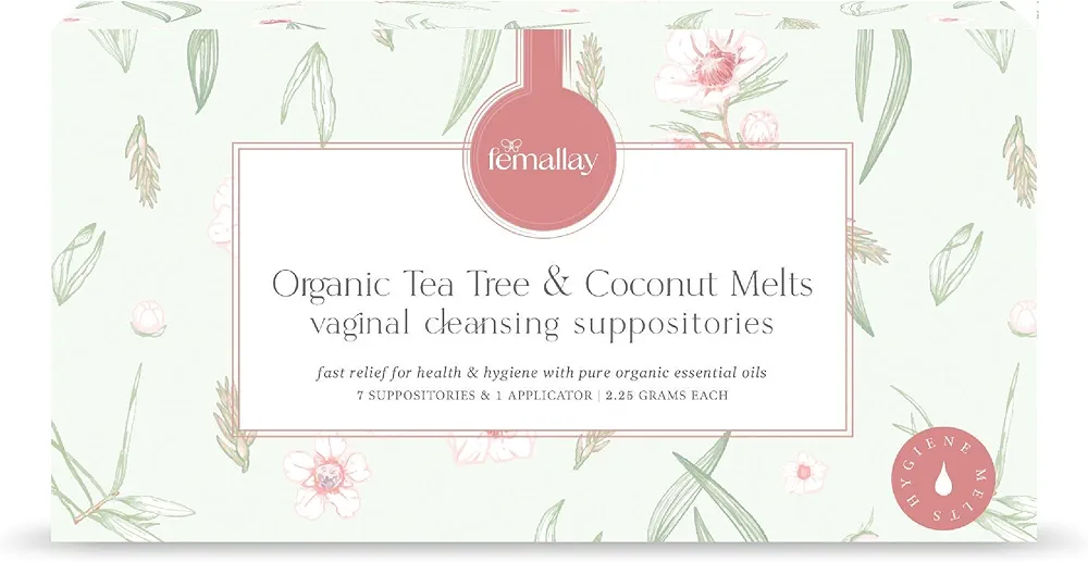 Femallay Organic Tea Tree & Oil Vaginal Cleansing Suppositories for Hygiene, 100% Natural Melts for Feminine Care, Great for Dryness and More, 7 Individually-Sealed Melts + 1 Applicator