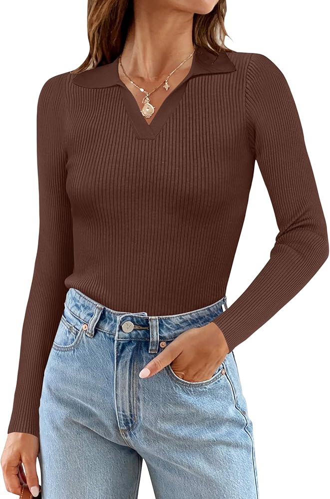 MEROKEETY Womens 2024 V Neck Long Sleeve T Shirts Fitted Elegant Fall Ribbed Knit Casual Tee Tops