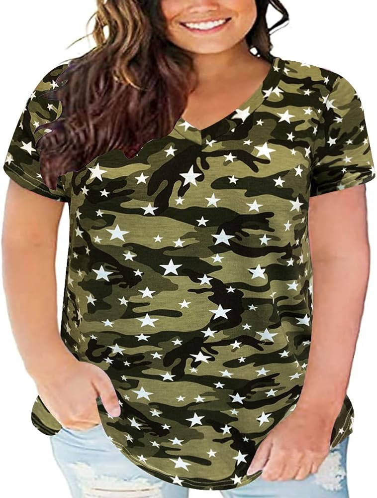 RITERA Women Plus Size Tops Short Sleeve camo Star Tshirts 4X Camouflage Vneck Henley Shirts Casual Summer Loose Fit Blouses Flowy Shirts Baggy Tops 4XL 26w