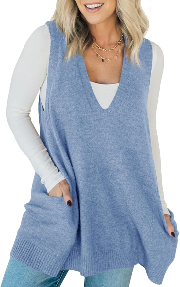 Saodimallsu Womens Sleeveless Sweater Vest V Neck Loose Knit Casual A Line Flattering Tunic Top with Pockets