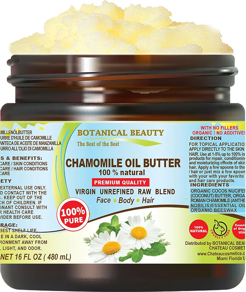 Botanical Beauty CHAMOMILE OIL BUTTER 100% Pure Natural Virgin Unrefined RAW 16 Fl. Oz.- 480 ml for FACE, SKIN, BODY, DAMAGED HAIR, NAILS. Chamomile Roman Essential Oil and Coconut Oil