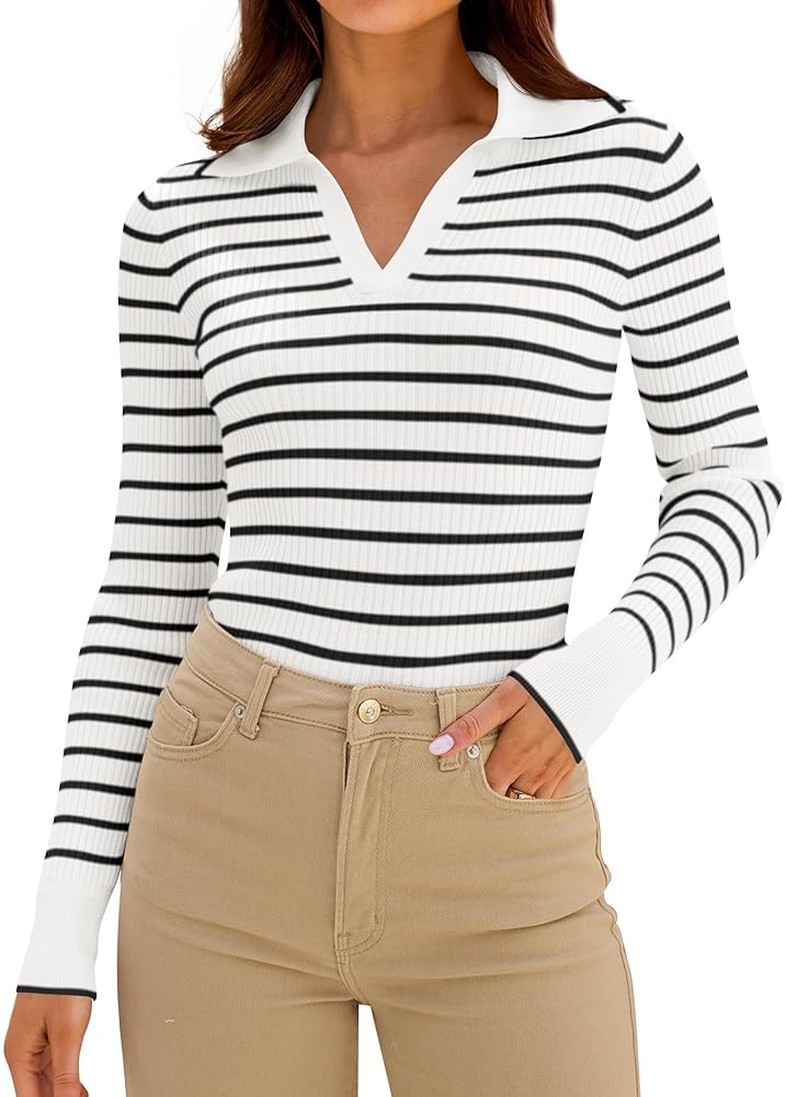 ZESICA Women's Long Sleeve V Neck Knit Tops 2024 Fall Striped Sweater Slim Fit Casual Basic Tee Tops