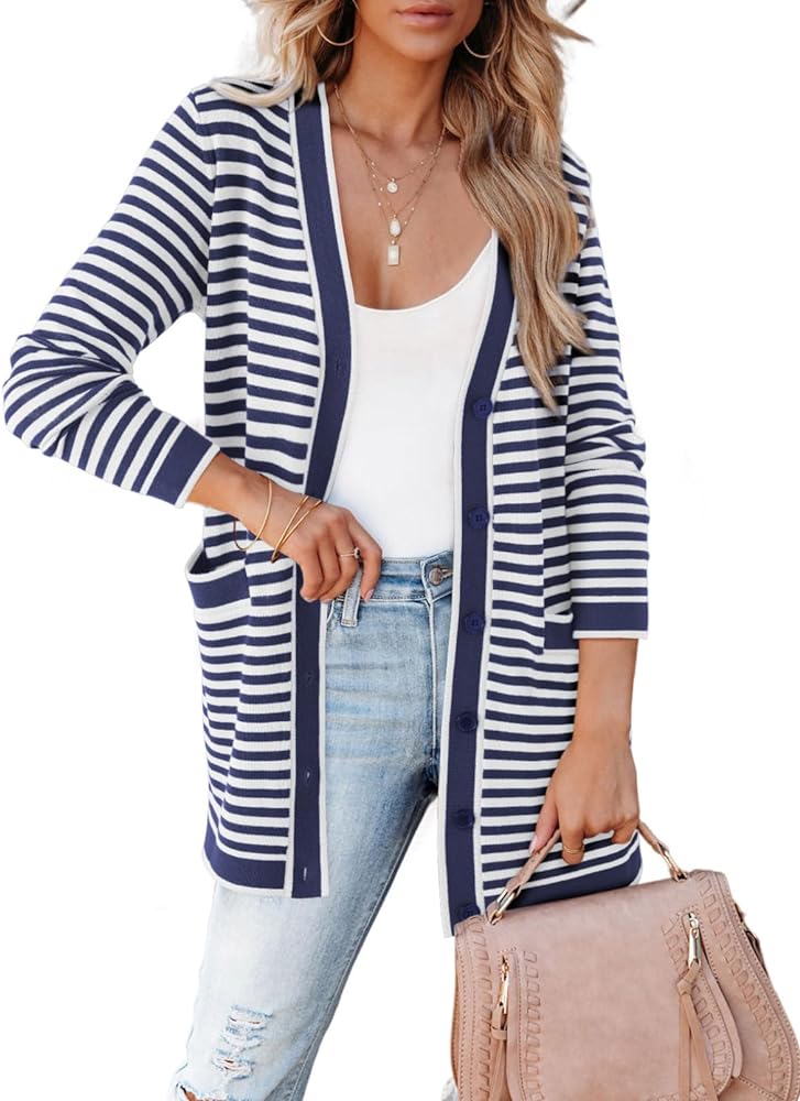 Dokotoo Cardigan Sweaters for Women Striped Fall Outfit Open Front Button Down Womens Cardigan with Pockets