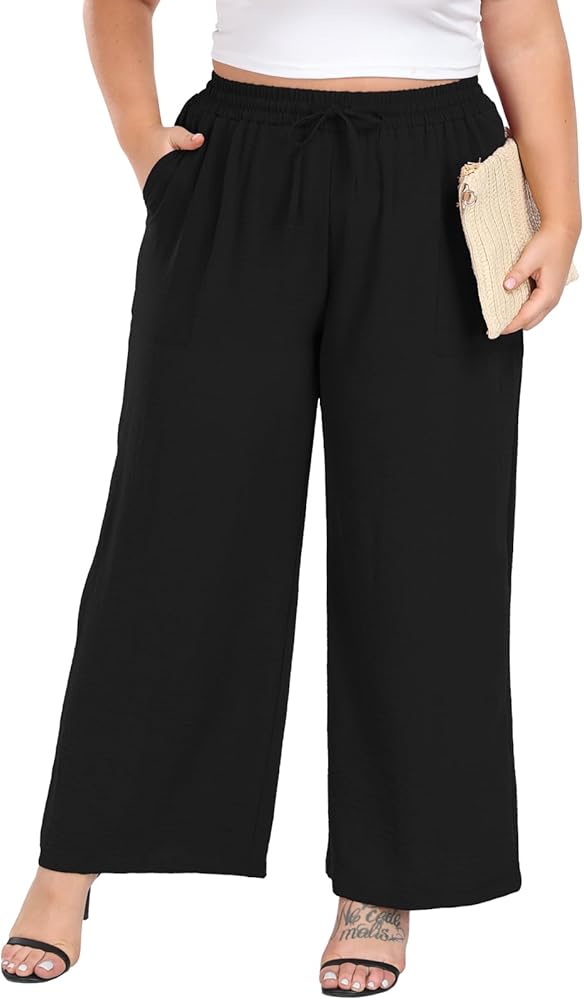 Women's Plus Size Wide Leg Pants Summer Stretchy Drawstring Waist Comfortable Fit Casual Trousers Pants with Pockets