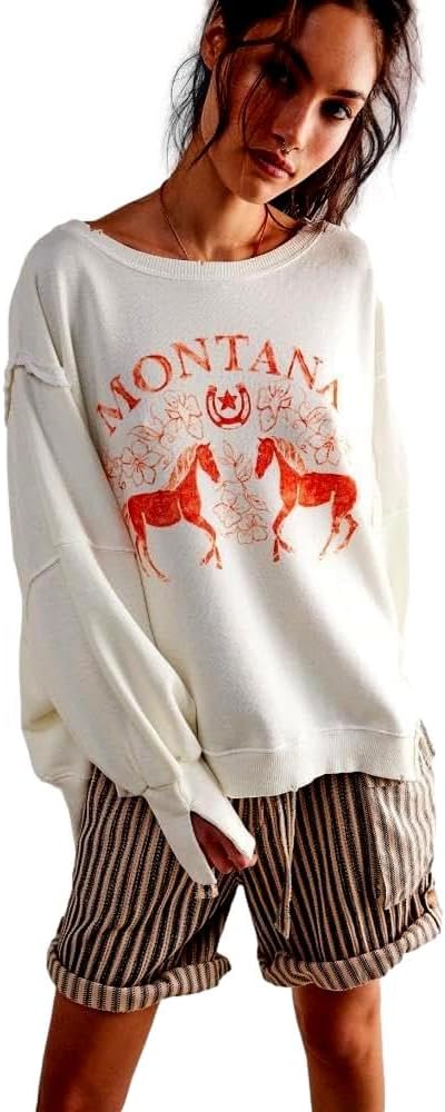 Free People Women's Graphic Camden Pullover, Coconut Combo Montana