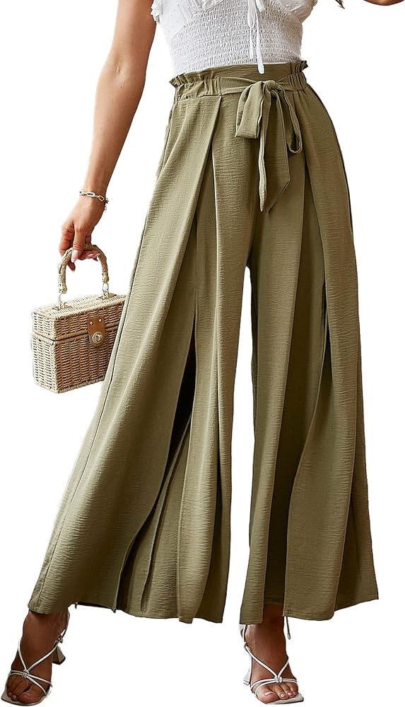 BerryGo Women's Boho Linen Flowy High Waisted Pants Elegant Split Stripe Wide Leg Pants