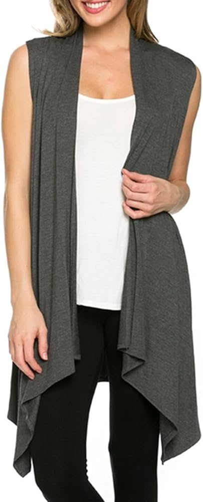 Cardigans for Women Solid Color Sleeveless Asymetric Hem Open Front Drape Long Cardigan Vest -Charcoal (Medium)