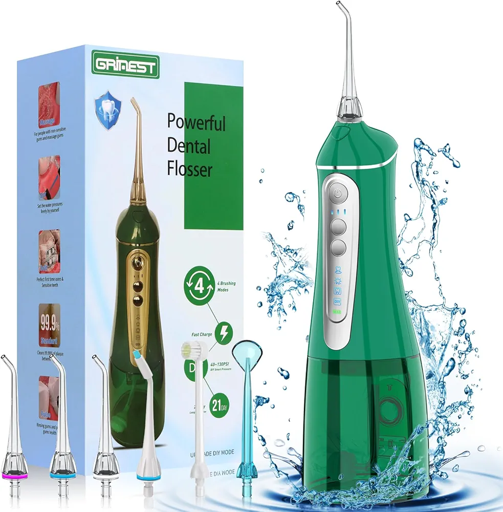 Water Dental flosser for Teeth Cleaning - Rechargeable Cordless Oral Irrigator 4 Modes 6 Tips IPX 7 Waterproof Portable Teeth Cleaner Pick for Home Trave（Green）