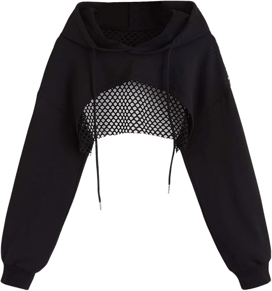 Verdusa Women's Hollow Out Fishnet Long Sleeve Drawstring Hoodie Super Crop Sweatshirt