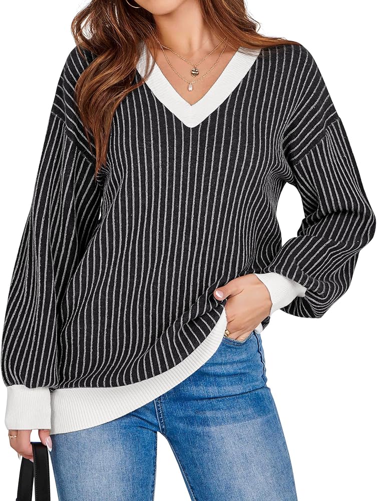 LOMON Womens 2024 Fall V-Neck Sweaters Long Sleeve Loose Oversized Striped Colorblock Casual Knit Pullover