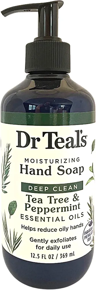 Dr Teal's Moisturinzing Hand Soap, Deep Clean Tea Tree & Peppermint Essential Oils, Exfoliating, Daily Use, No Parabens/Phthalates, 12.5 oz