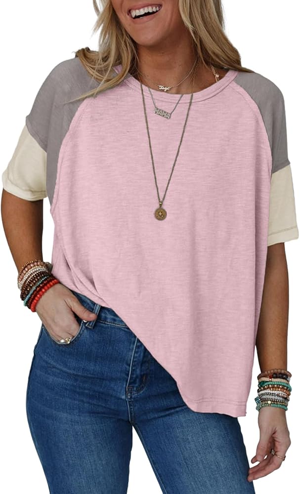 EVALESS Womens Short Sleeve Tops Cute Summer Casual Color Block Round Neck Raw Edge Basic T Shirts