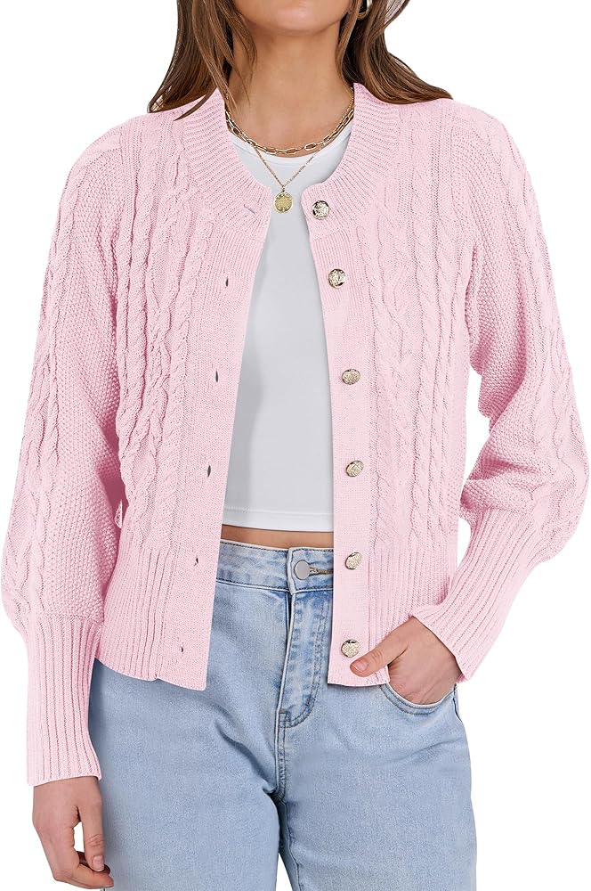 ANRABESS Women Long Sleeve Cable Knit Button Down Open Front Cropped Cardigan Sweater Coat Cute Soft 2024 Fall Outwear