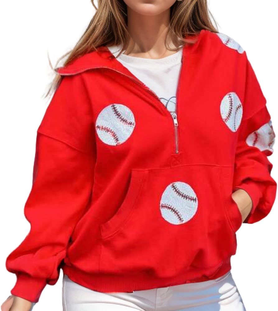 Xunger Women's Baseball Sequin Hoodie Half Zip Long Sleeve Baseball Patches Game Day Hooded Sweatshirt