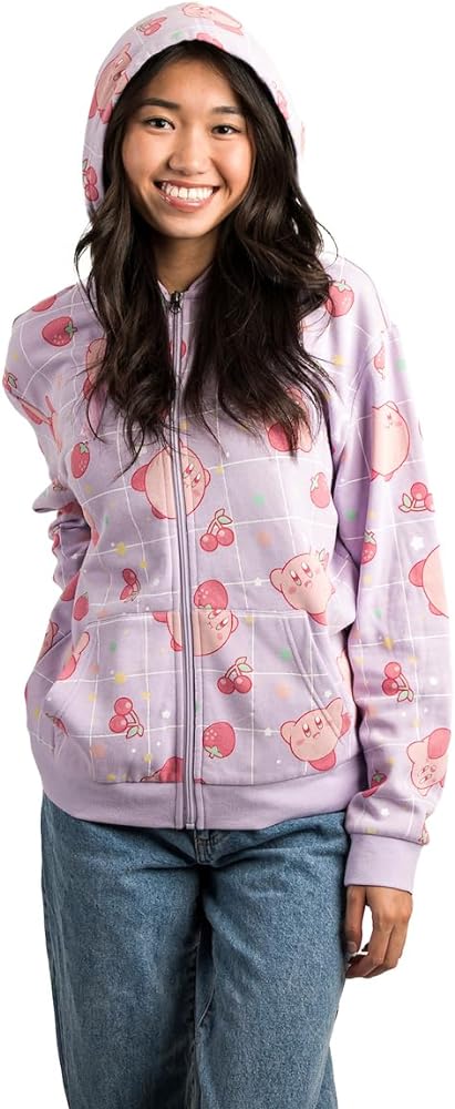 Bioworld Kirby Pastel Stars Fruit Windowpane Adult Lavender Zip UP Hoodie