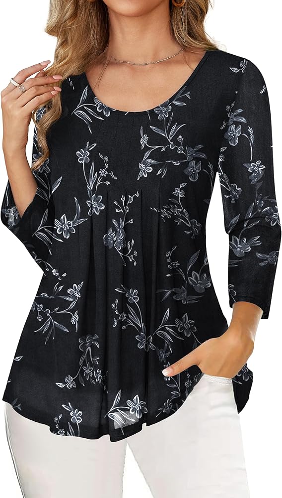 Othyroce Women's Plus Size 3/4 Sleeve Tunic Tops Casual Loose Fit Floral Mesh Blouses Pleated Layered Shirts M-2X