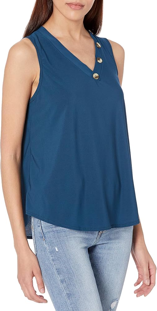 Women's Sleeveless V Neck Top with Button Detail