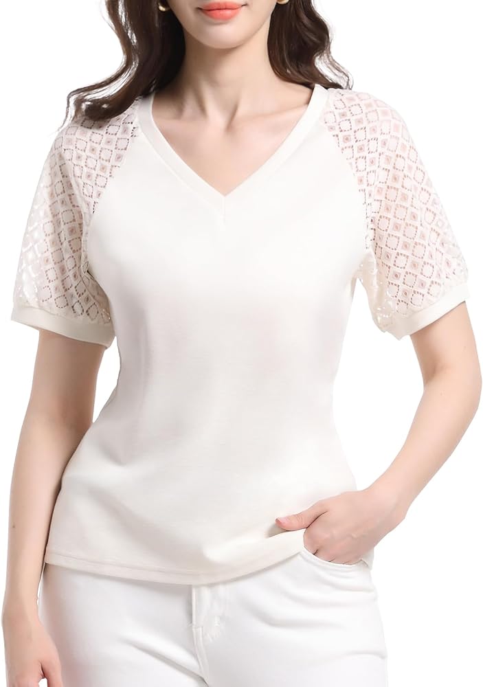 Women Summer Casual Tops - V-Neck Knit Puff Sleeve Top