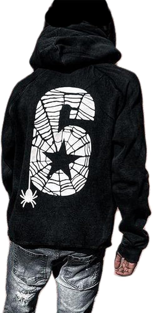 Womens Men Vintage Star Graphic Print Hoodies Long Sleeve Spider Web 6 Hooded Sweatshirts